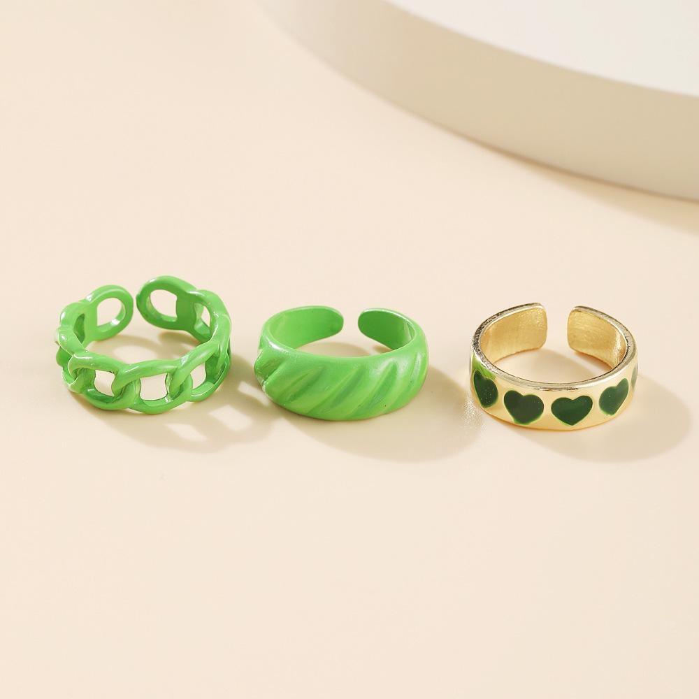 

New Green Crystal Heart Kunckle Rings Set For Women Enamel Yin Yang Geometric Finger Ring Girls Fashion Jewelry