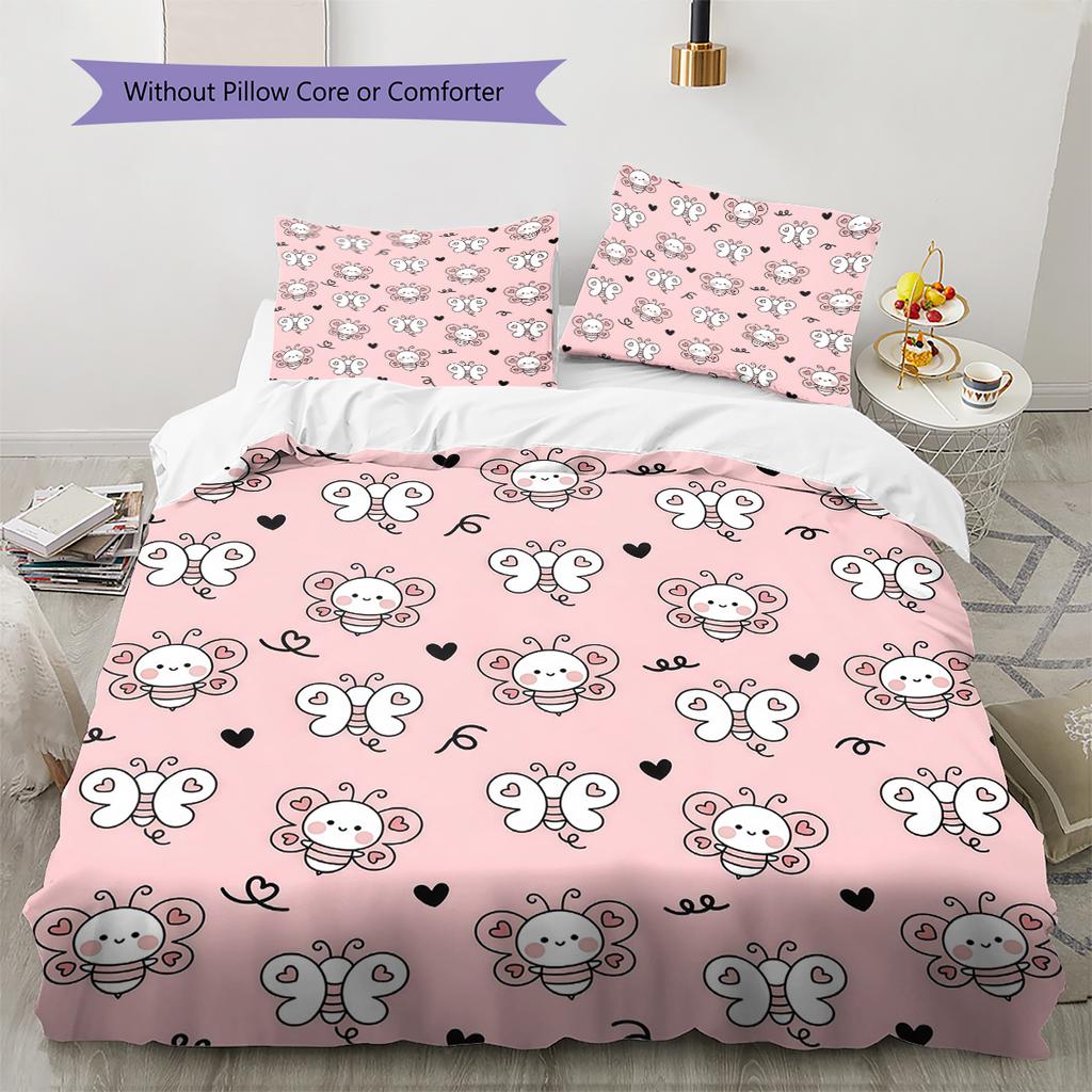 Pink Cartoon Art Pattern Bedding,Quilt Set Quilt Cover Pillowcase Home Birthday Gift (1 * Duvet Cover + 2 * Pillowcase, Without Core)