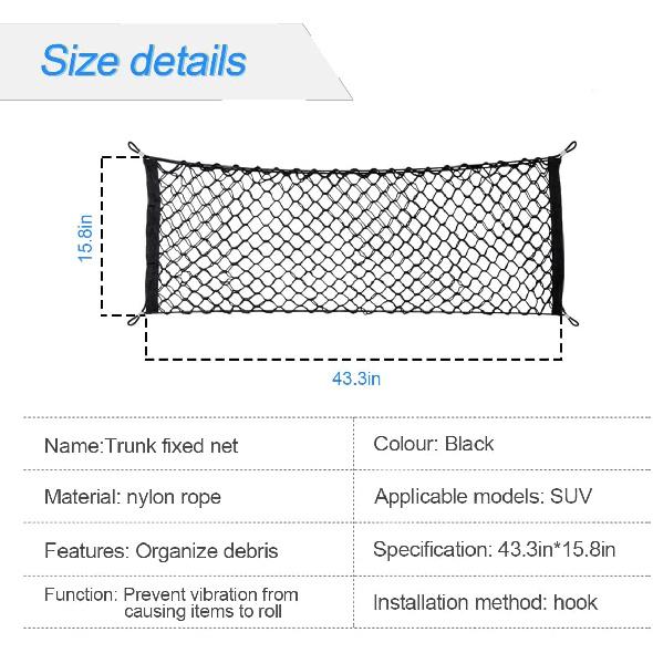 Car Rear Cargo Net, Adjustable Elastic Storage Organizer Net, Trunk Cargo Storage Net, Universal Fit For Car, Vehicle, SUV (43.3"X 15.8")