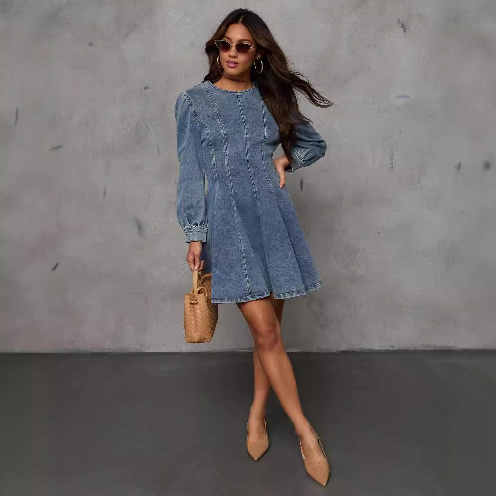 Elegant Autumn Patchwork Waist-Cinching Denim Dress - Long-Sleeved for Women