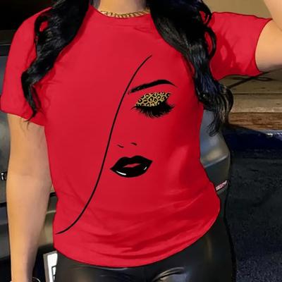 T-shirt su akių ir lūpų atspaudu, laisvalaikio, apvalia iškirpte, trumpomis rankovėmis, viršutinė dalis pavasariui ir vasarai, moteriški drabužiai