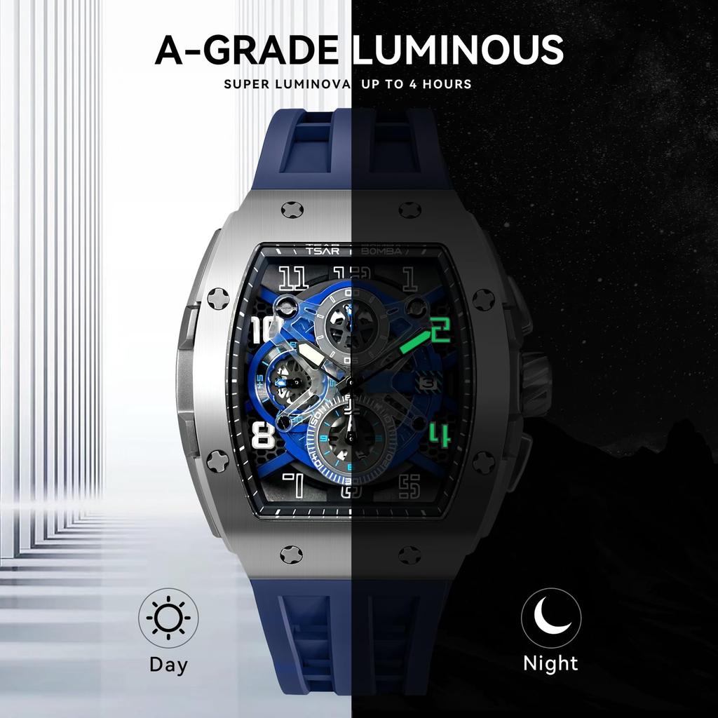 TSAR BOMBA Men's Watch 50M Water-Resistant Tonneau Dial Luxury Sapphire Crystal Silicone Strap