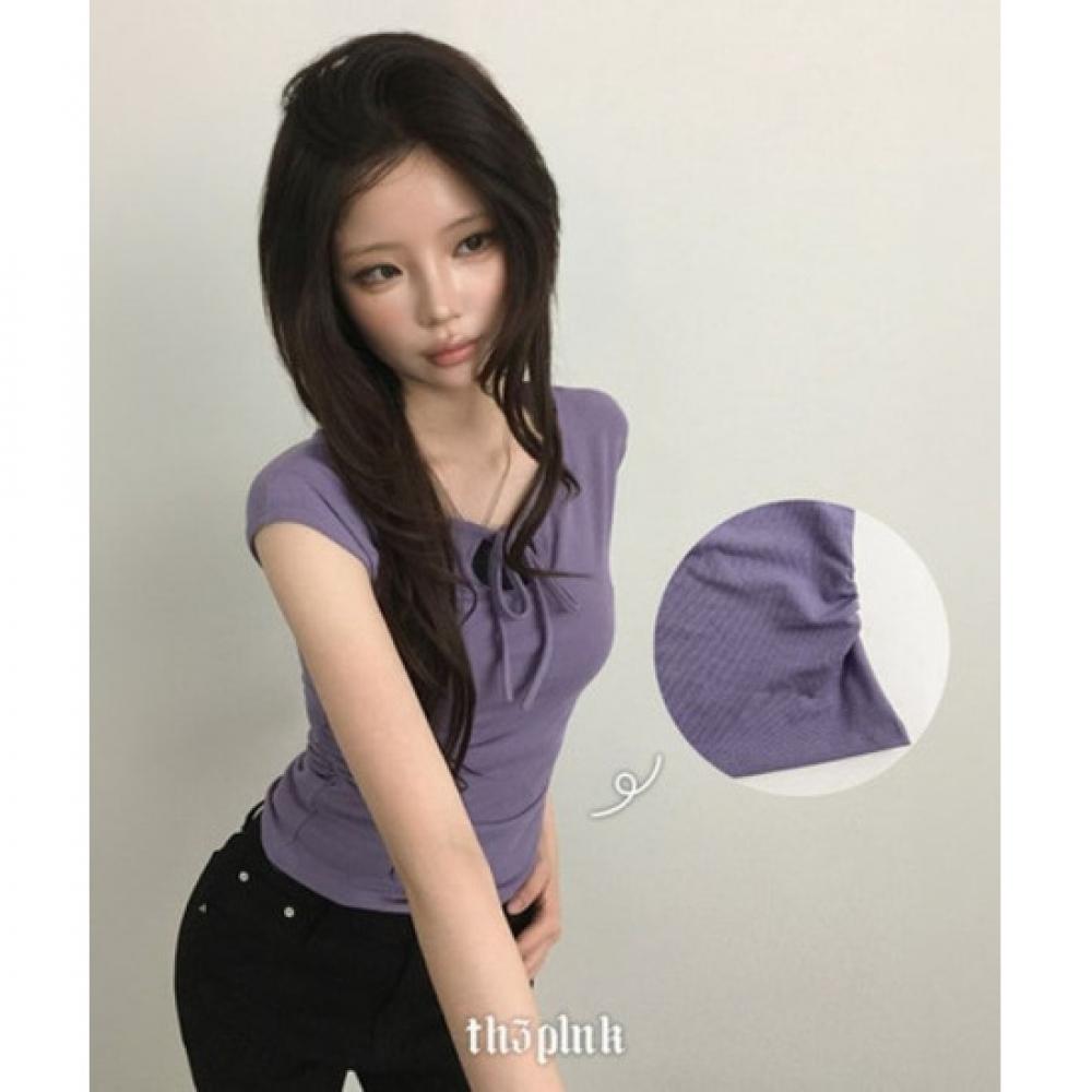 The Pink Niji Slim Fit Ribbon Strap Side Shirring Short Sleeve Tee
