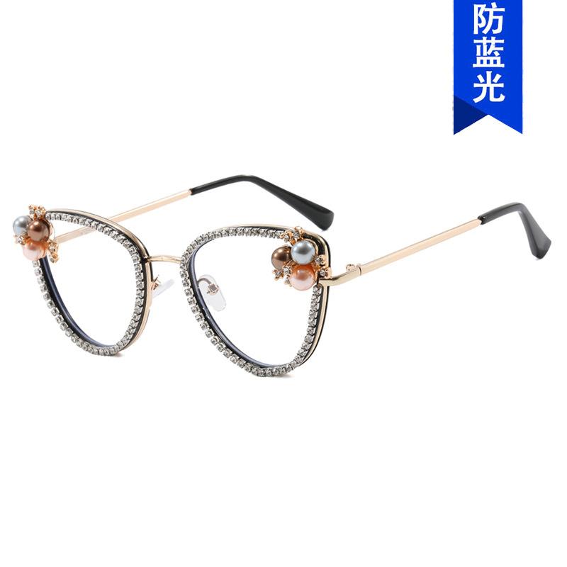Triangular Cat'S Eye Diamond-Encrusted Flat Mirror Anti-Blue Luxury Glasses Frame Pearl Retro Personalized Glasses Frame