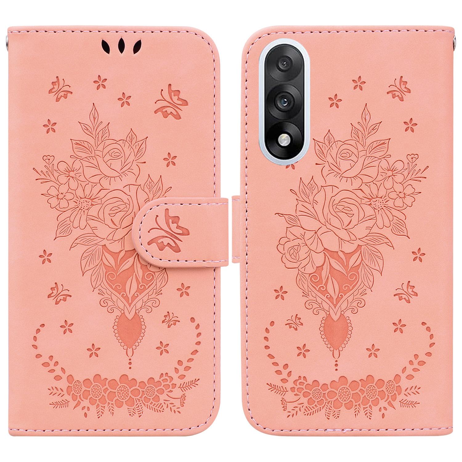

For OnePlus Nord 5 5G Case Butterfly Flower Imprint PU Leather Wallet Phone Cover with Strap Pink