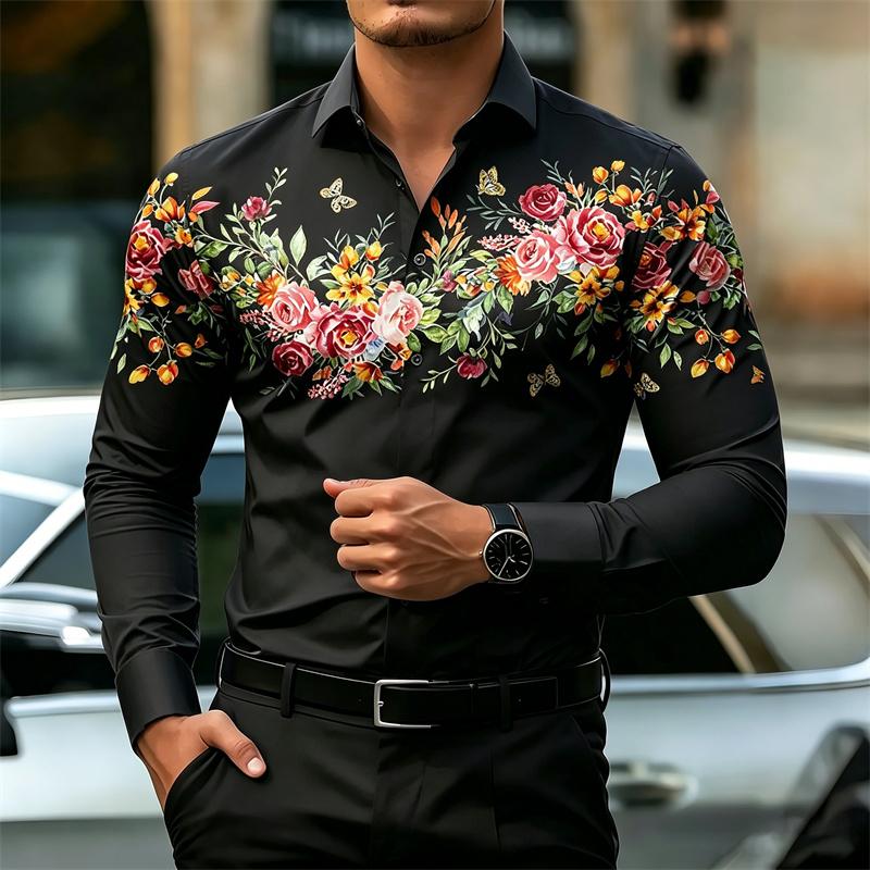 Men's Long-Sleeve Shirt, High-Definition Floral Print White Slim Fit Shirt, European Size Business Casual Men's Top