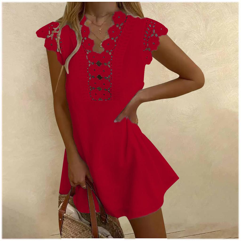 Wish Ladies Solid Color Washed Wrinkled Lace Summer Cool Dress
