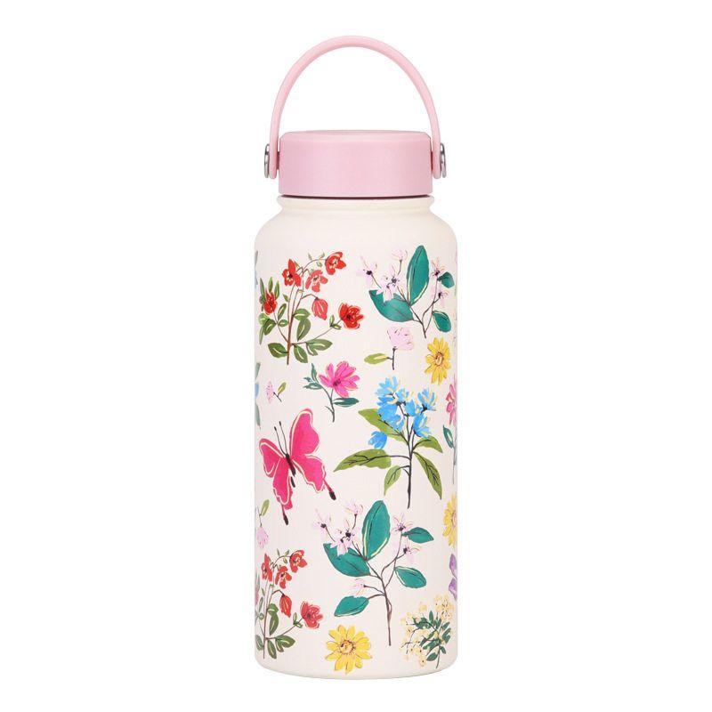 2025 New Model 1L Large Capacity Thermos Cup with Wide Mouth, Portable Handle, Sports Water Bottle, Outdoor Printed Water Cup for Women