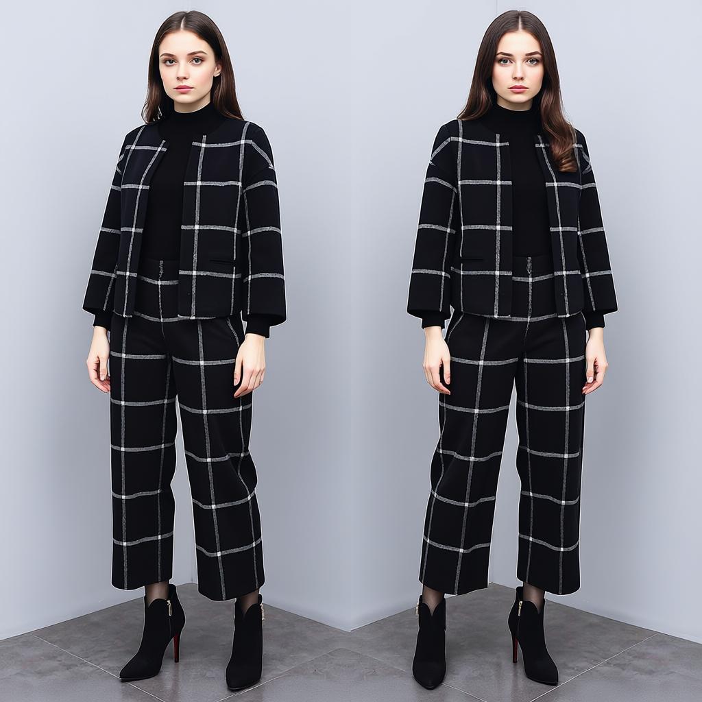 2025 New Women's Autumn and Winter Two-piece Trousers Plaid Woolen Short Coat Wide-leg Pants Casual Fashion Suit Female Trend