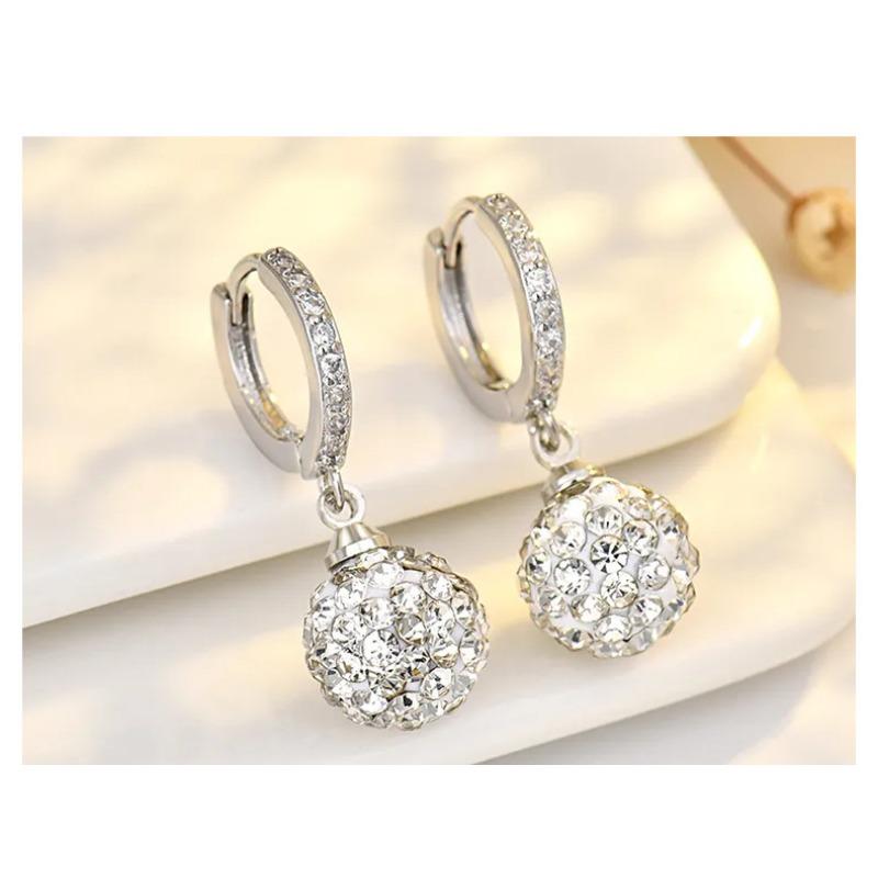 Women S925 Silver Needle Full Crystal Round Ball Ear Buckle Fashion Earrings Jewelry