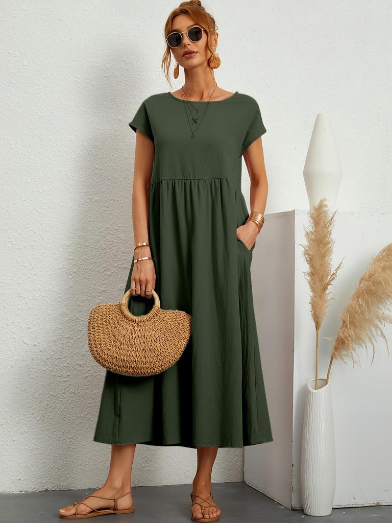 2024 European & American Solid Color Sleeveless Loose Cotton-Linen Pocket Women's Dress