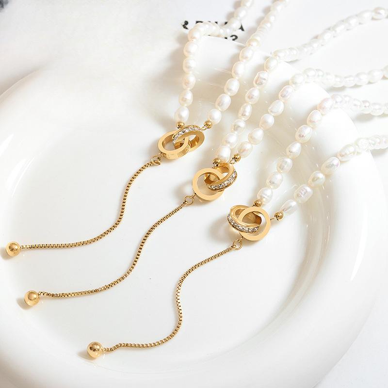 Popular Light Luxury Freshwater Pearl Collarbone Chain Small Waist Titanium Steel Necklace Female Roman Gypsy Double Ring Pendant Neck Chain