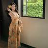 French oil painting printing halter neck dress women's summer slim first love long dress gentle waist a word skirt