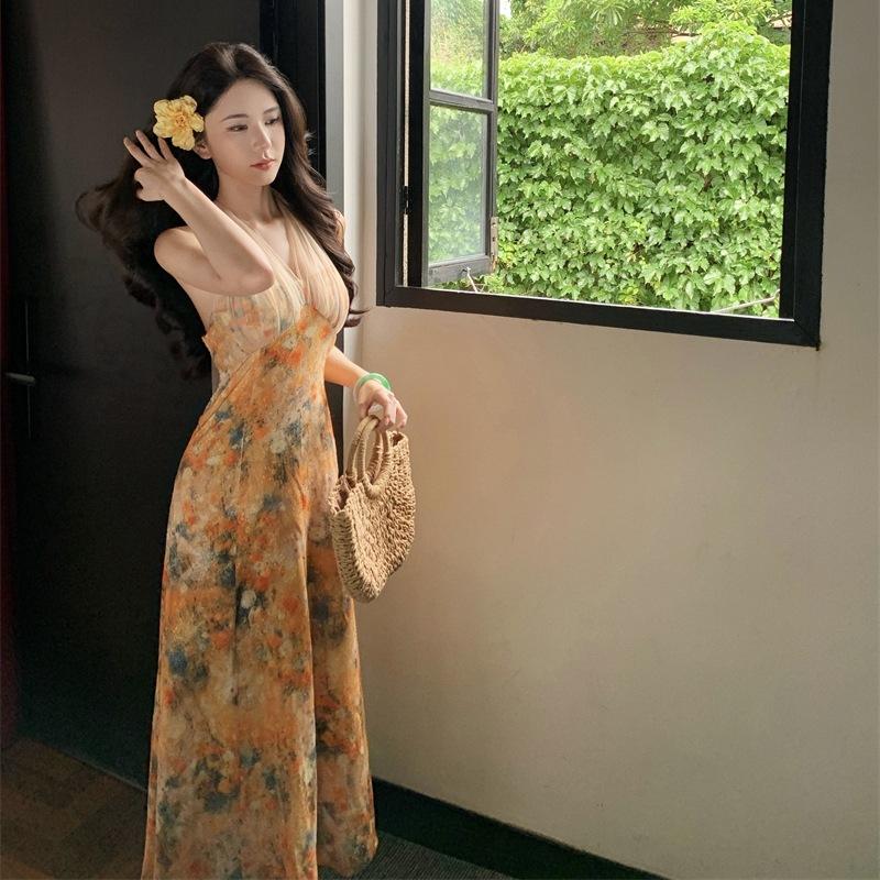 French oil painting printing halter neck dress women's summer slim first love long dress gentle waist a word skirt