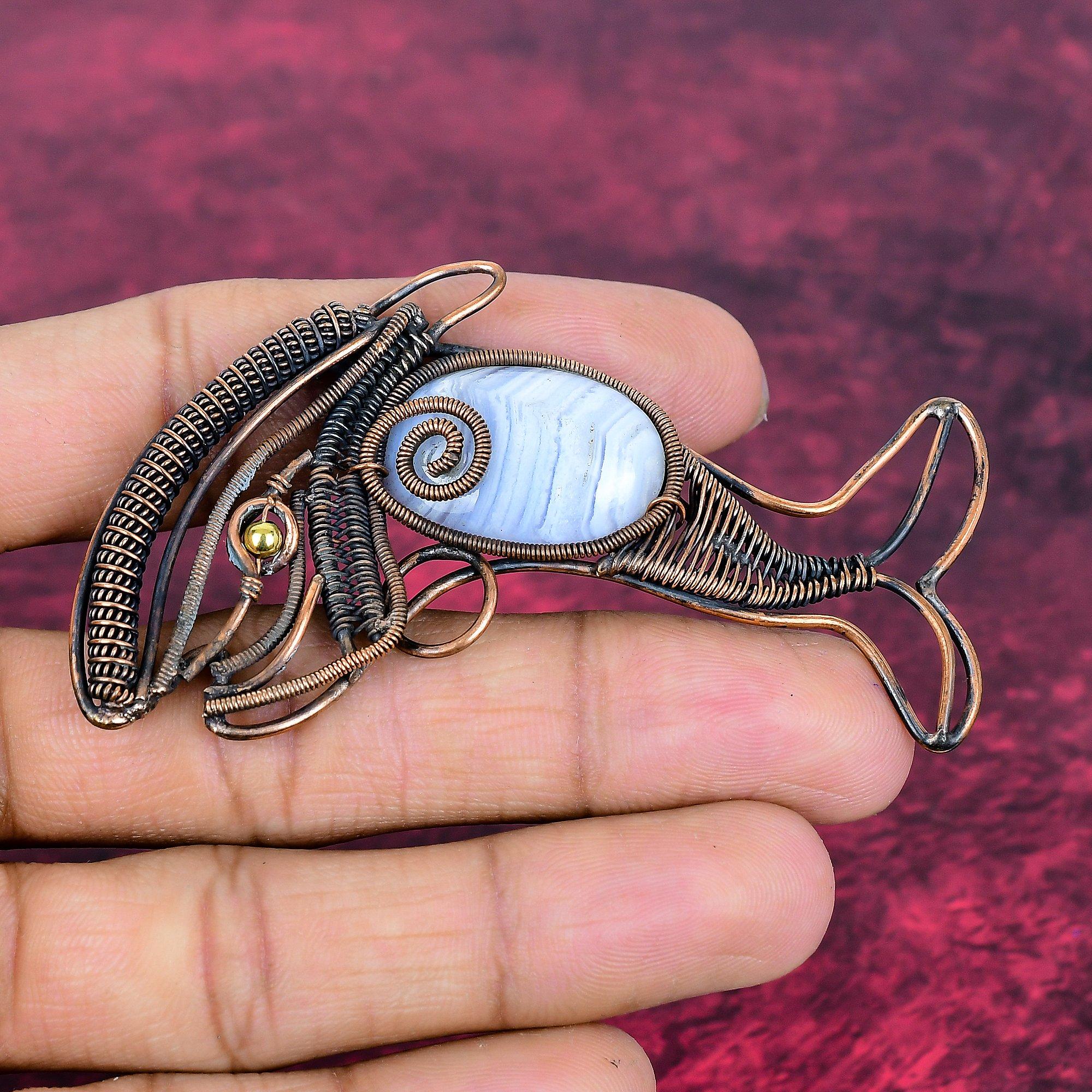 Blue Lace Agate Gemstone Pendant Handmade Fish Pendant Copper Wire Wrap Jewelry