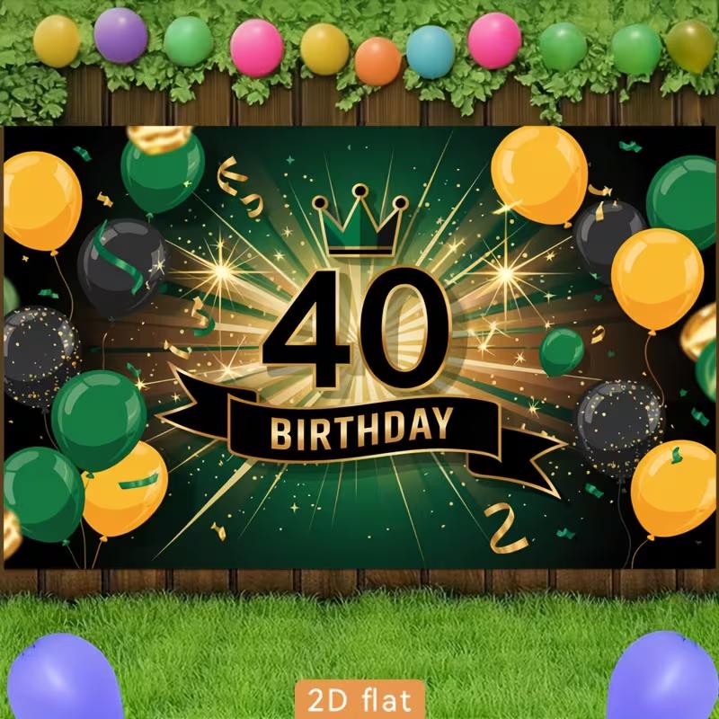 2D 40th Birthday Party Backdrop Green Gold Balloon & Crown Themed Photography Background