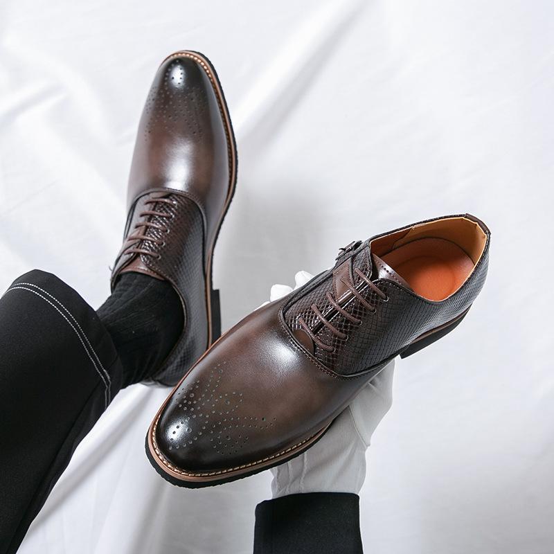 

Brock carved leather shoes men s pointed business dress casual shoes platform lace-up casual shoes wedding groom shoes 46 коричневый