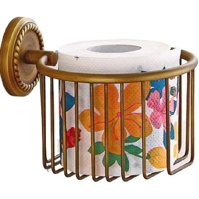 Toilet Roll Holder,Toilet Paper Holder Wall Mounted Vintage Brass Roll Tissue Wire Basket Dispenser Tissue Paper Roll Holder for Bathroom Storage,