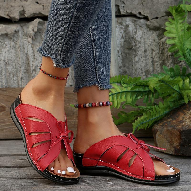 New summer women's wedge heel fish mouth slippers solid color large size bow decorative sandals women