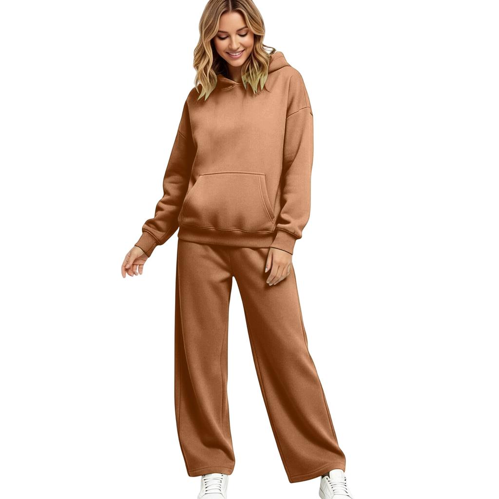 Women's Lined Drop Shoulder Top and Wide Leg Pants 2 Piece Set Color Loose Fit Casual Fall Winter Outfit