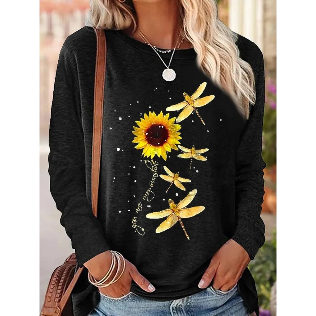 Round Neck 3D Printed Sunflower Pattern Top Fashionable Casual Long Sleeved Women's T-shirts