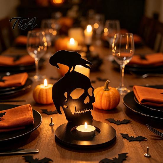 Festive Tabletop Atmosphere Light Halloween Shadow Candle Holder, Spooky Ghost Skull Candlestick Decoration, Stable Wooden Tealight Holder Vintage Tea