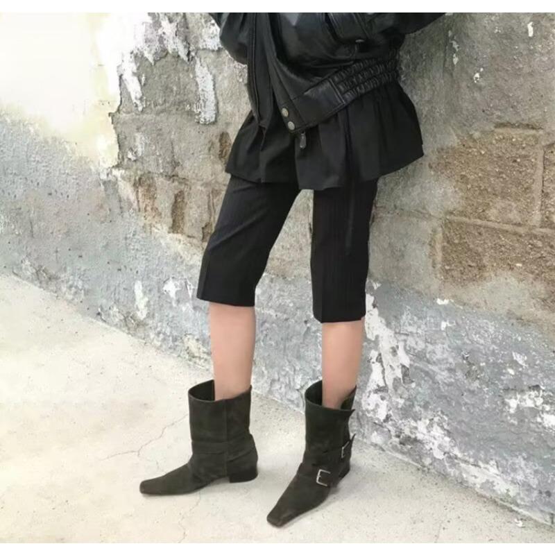 Niche belt buckle Martin boots women's new foldable square head short boots fashion boots