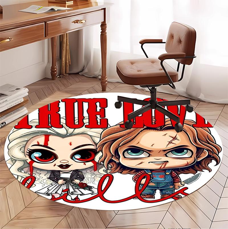Bride of Chucky Pattern Round Rug, Indoor/Outdoor Mat, for Picnic, Gameroom, Bedroom, Office, Living Room, Home Decor Carpet, Birthday Gift