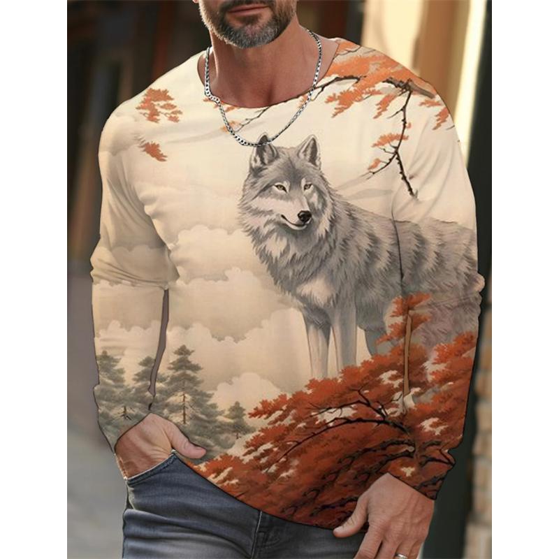 Fashion Men's Crew Neck Long Sleeve 3D Color Printing Summer Casual Long Sleeve Crew Neck T-Shirt