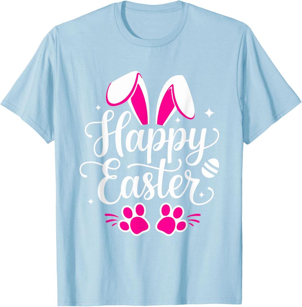 Happy Easter Bunny Paw Print Graphic Tee Casual Short Sleeve T-Shirt Daily Wear