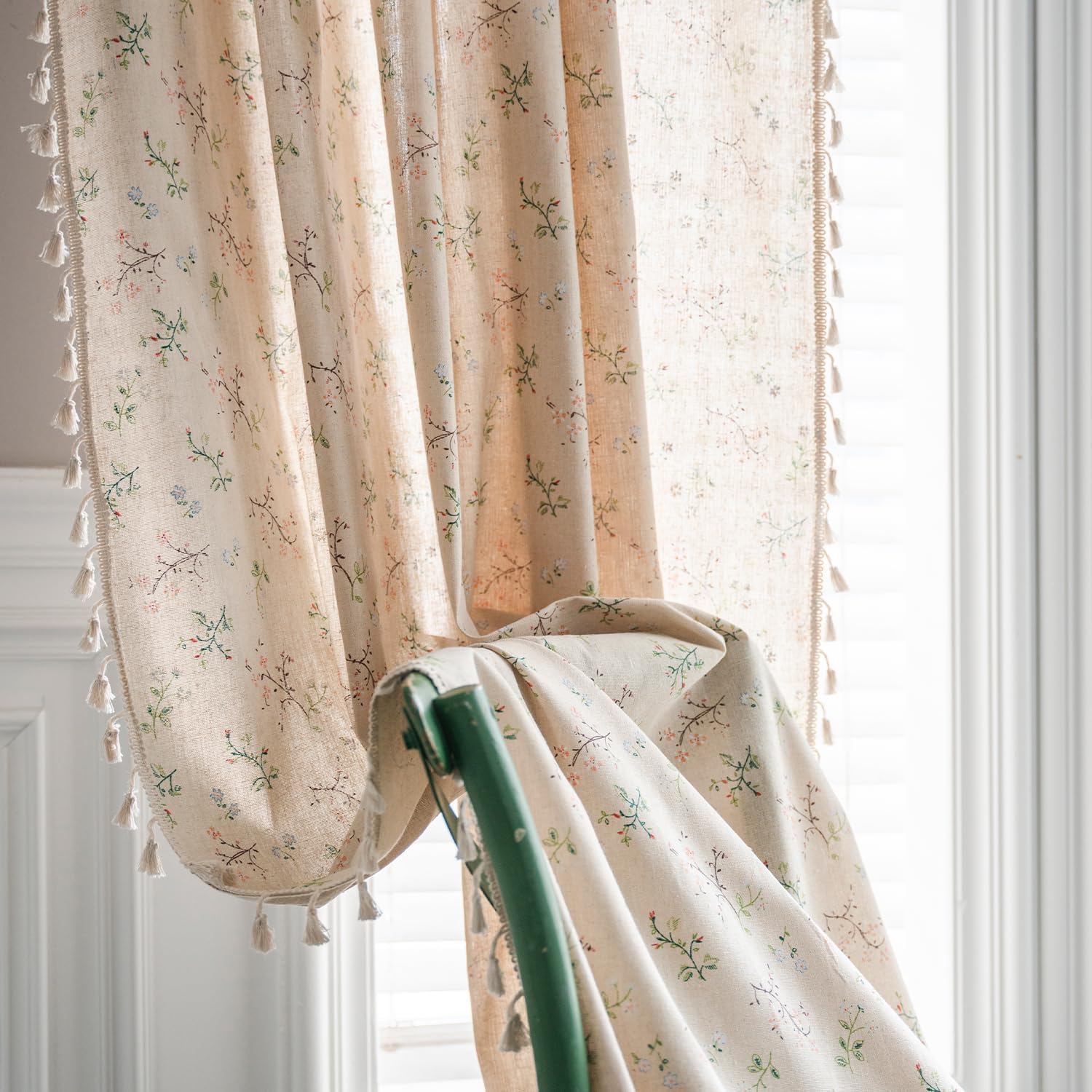

Florals Boho Farmhouse Curtains, Semi-Blackout Drape Bohemian Window Treatment Cotton Linen for Bedroom Living Room, 1 Panel W150xH100cm&Rod Pocket