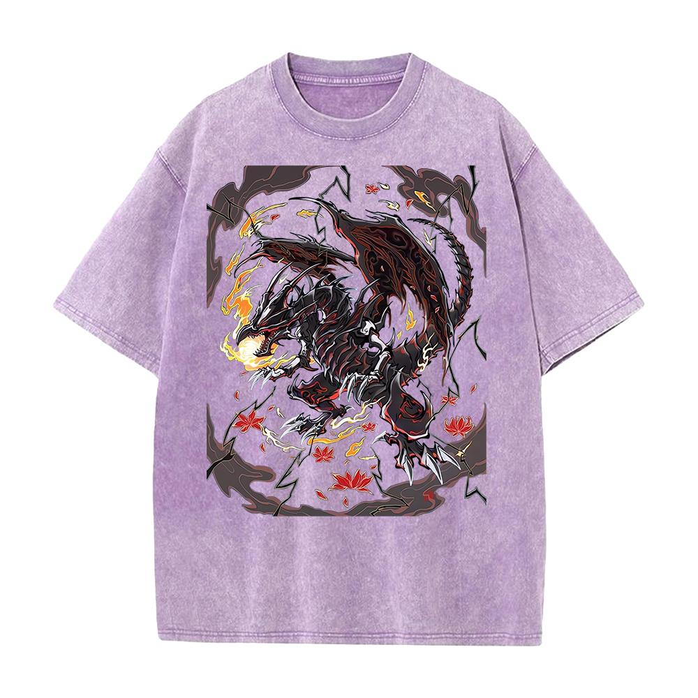 Anime T-shirt Red Eyes Black Dragon Short Sleeve Tee Shirt Vintage Summer Washed Pure Cotton Tops Men's Clothing