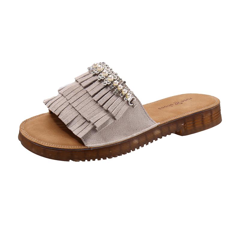 Fashion Fashion Tassel Decorated Flat Heel Outdoor Slippers Women 2025 Summer Luxury Glitter Pearl Chain Beach Sandals Soft Sole Slides