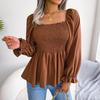 Summer Women Chiffon Shirt Long Sleeve Square Neck Solid Color Tops with Wooden Ears