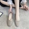 WTEMPO Soft Sole Single Shoes Women's Spring and Summer Square Toe Mesh Low Square Heel Solid Color Knitted Hollow Breathable Non-slip Woven Shoes