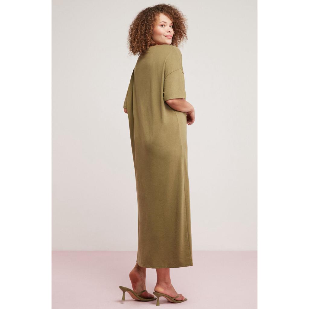 Morganne Woman 100% Cotton Draped Bat Sleeve Slit Comfort Fit Khaki Big Size Dress