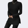 Women Knitting Tops High Collar Long Sleeve Slim Fit Sweater Tops Mid-length Side Split Design Solid Color Ribbed Tops