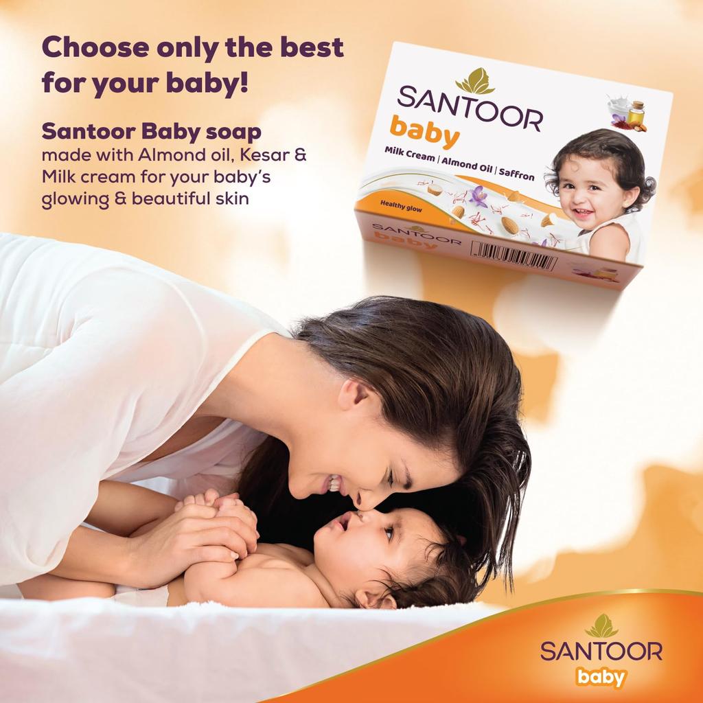 Santoor Baby Bathing Bar Soap With Milk Cream Saffron And Almond Oil Gentle Daily Skin Cleansing Formula For Infant Pack Of 3