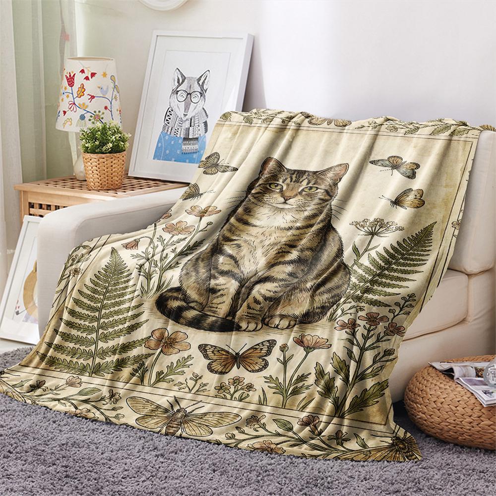 Cat Retro Print Flannel Blanket, High Quality Comfortable for All Seasons, Home Decor, Warmth and Comfort, Perfect for Christmas Gifts08