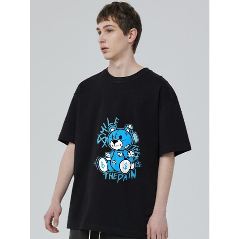 Black T Shirt with Blue Bear Graphic and Smile Through The Pain Text for Casual Wear