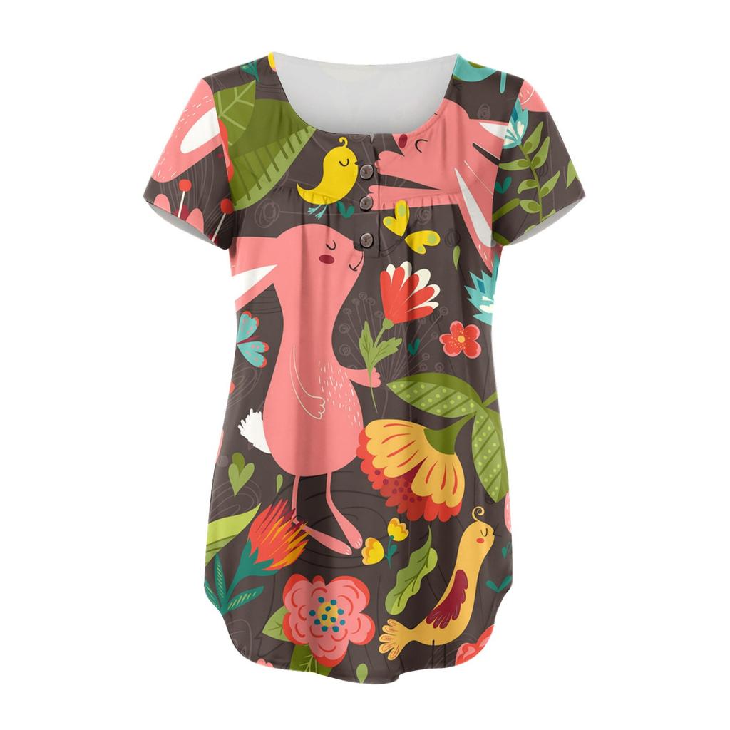 Fashion Women's EasterPrint Autumn And Winter Casual Round Neck Printed Short Sleeve Top