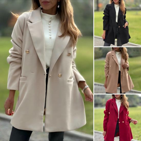 Women's Trench Coat Notch Lapel Double Breasted Mid Long Pea Coat with Pockets Long Sleeve Fall Winter Outwear
