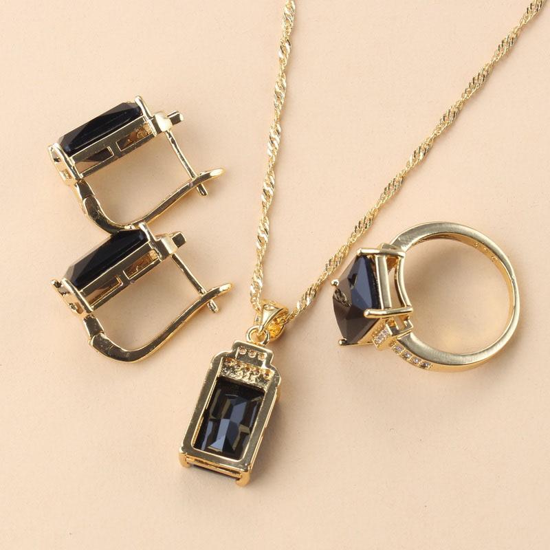 Arab Gold Color Jewelry Sets Dubai Bridal Wedding Costume Black Zirconia Bracelet Clip Earrings African Necklace Sets For Women