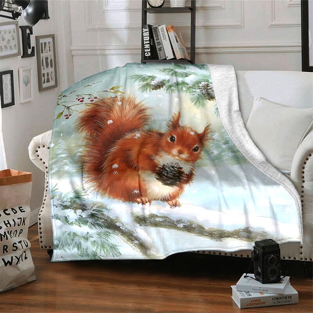 Winter Squirrel Pinecone Blanket Soft Throw Blanket For Home Bedroom Bed Sofa Travel Office Solid Christmas Blanket