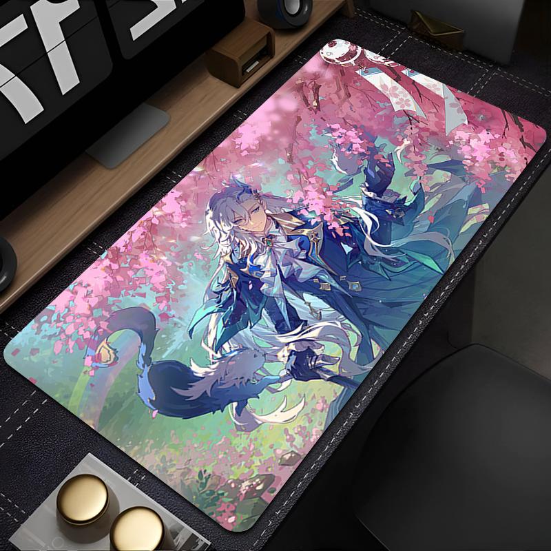 Gaming Mouse PadLarge Desk MatAntislip Rubber Base Stitched Edges Blue Glowing Anime Guy Print for Gaming Office Desk Use