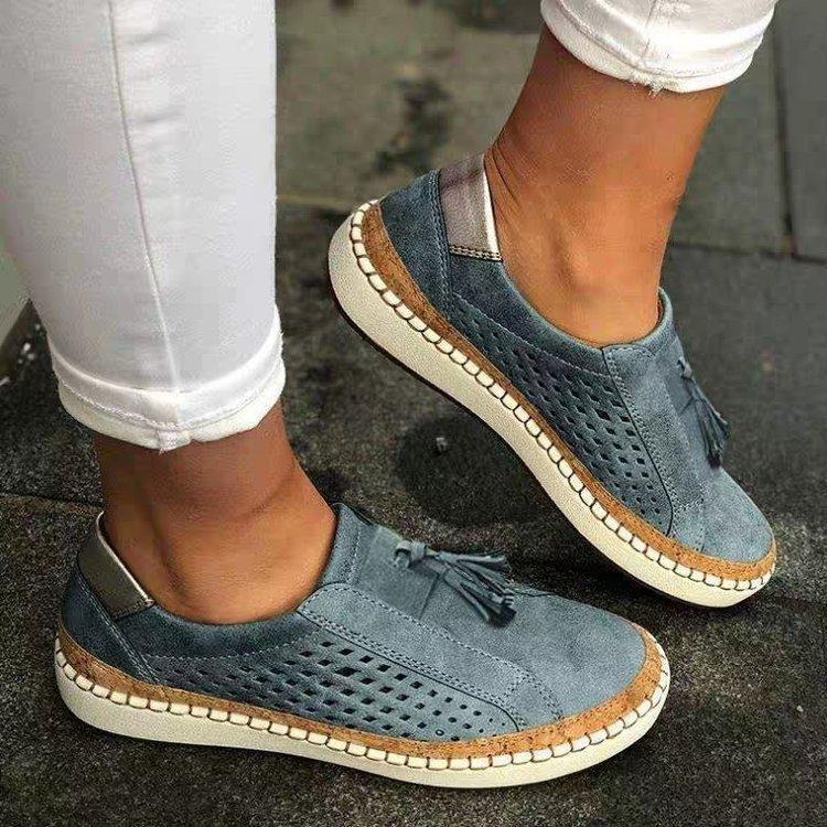Women Hollow Out Perforated Slip On Loafers Tassel Decor Thick Sole Breathable Casual Walking Flats