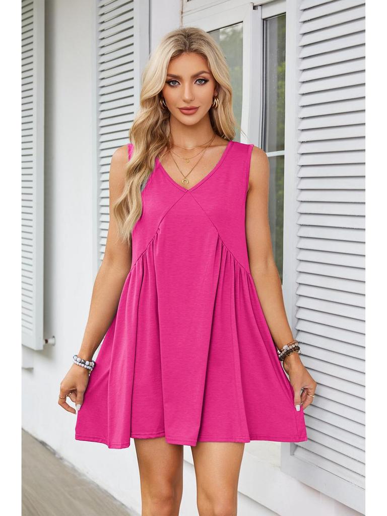 2025 European & American Women's V-Neck Sleeveless Pleated Pocket Dress - Spring/Summer Trend