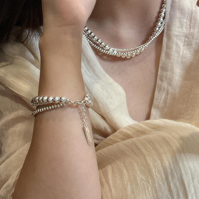 S925 Sterling Silver Round Bead Winding Necklace Wind Niche Design Gradual Change Bead Bracelet Set Chain Jewelry