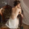 Pure desire perspective mesh underwear sexy deep V plus chest pad temptation satin nightdress robe women's suit