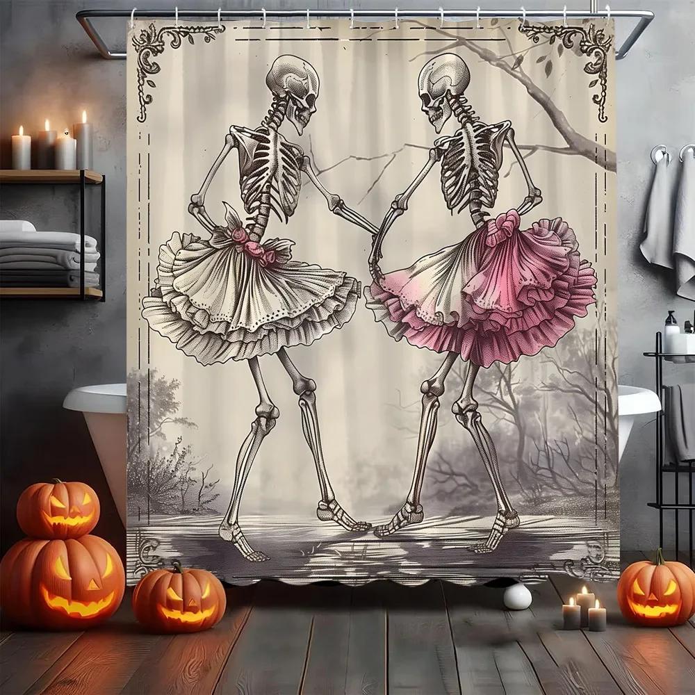 Gotisk Skalle Skelett Duschdraperi Halloween Vintage Spöklik Rolig Svart Ros Ben i Badkar Retro Blommig Unik Badrumsdekor
